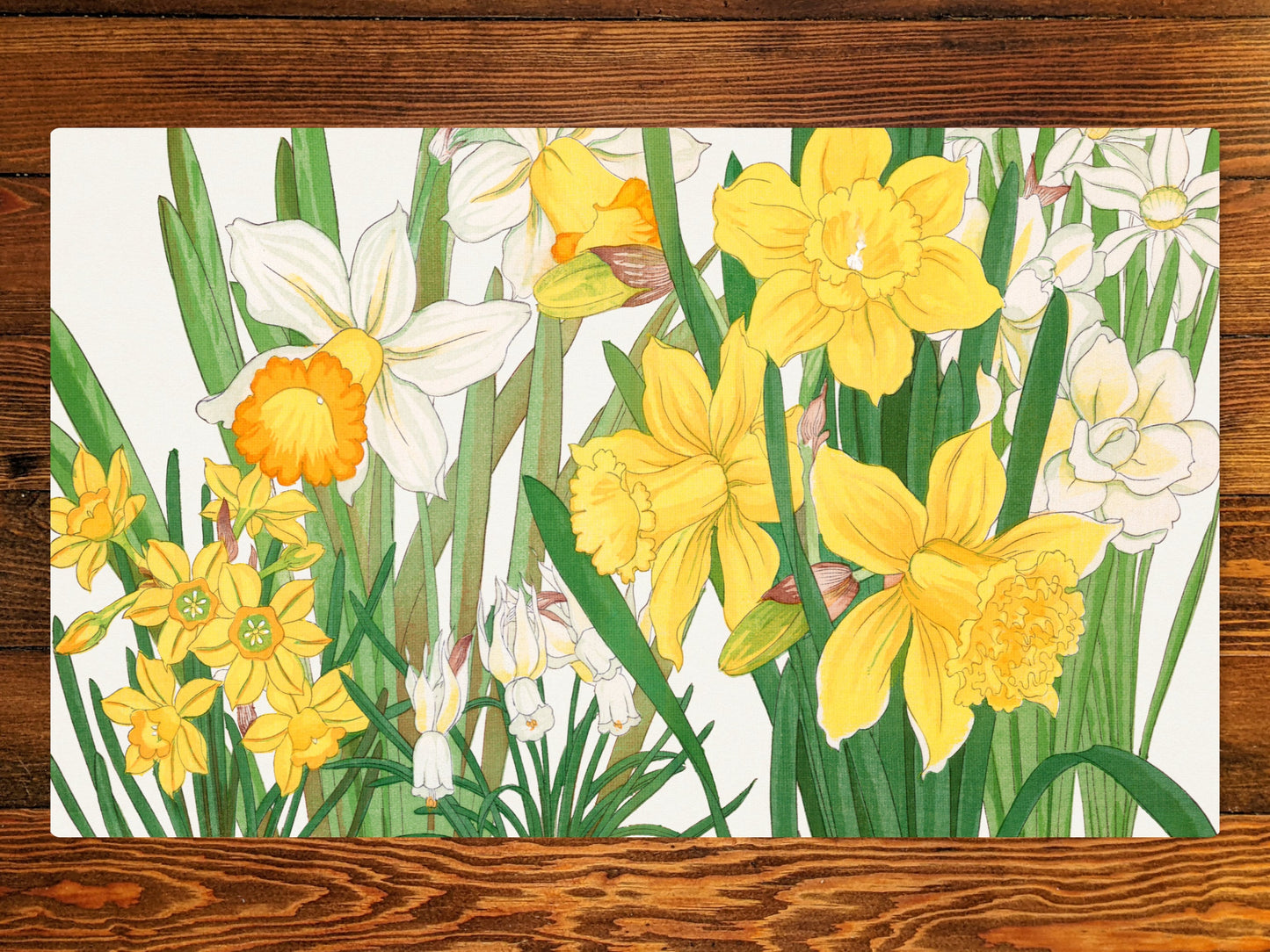 Daffodil Woodblock Painting 14" X 24" Playmat For Tabletop, Ccg, Tcg, And Other Games